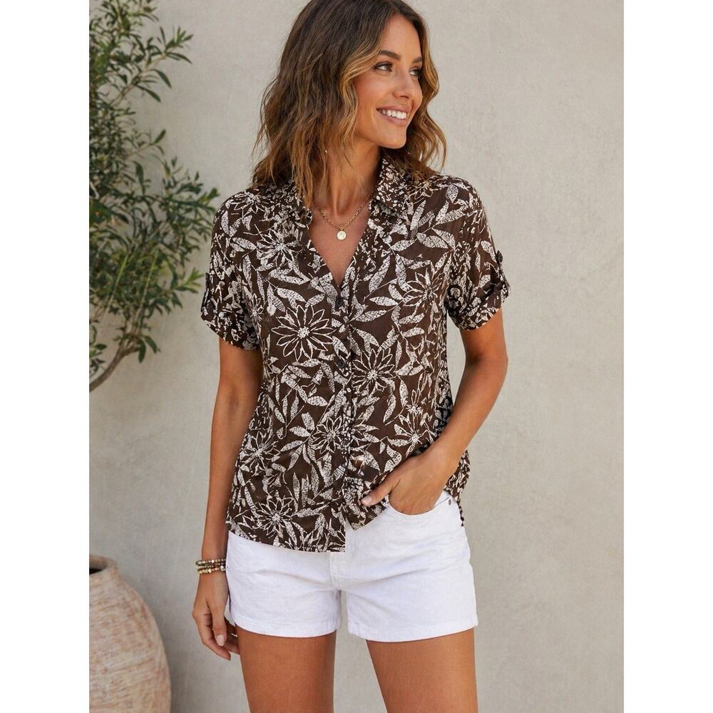 White Stag Women XL Brown Floral Tropical Button Up Shirt Boho Resort Vacation